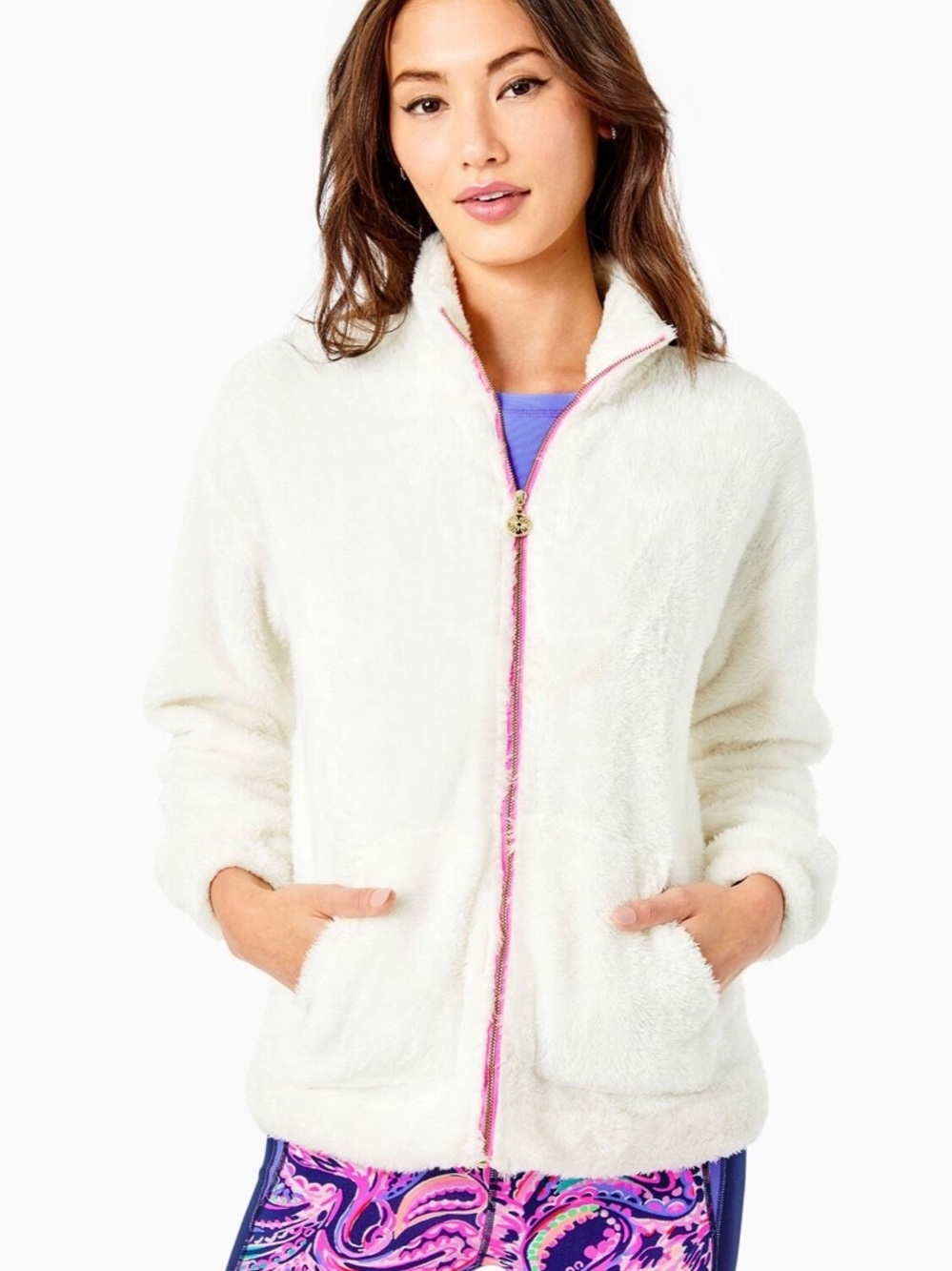 Lilly Pulitzer Barkley Sherpa Full Zip Jacket - Coconut White/Pink Trim- Small